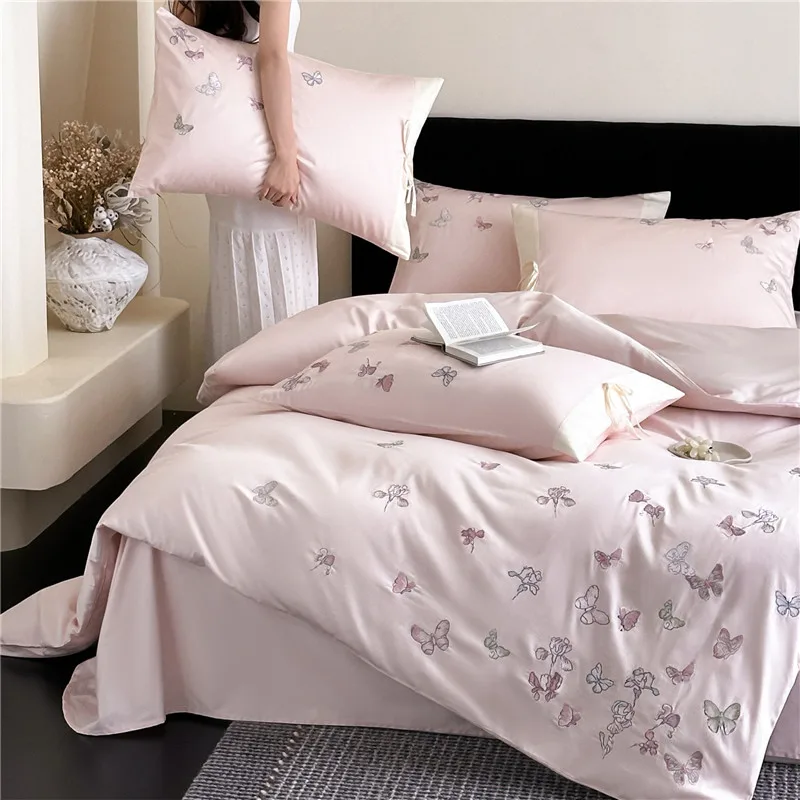 Luxury Pink Butterfly Embroidery Egyptian Cotton Bedding Set Duvet Cover Set Bed Sheet/Fitted Sheet Pillowcases 4Pcs