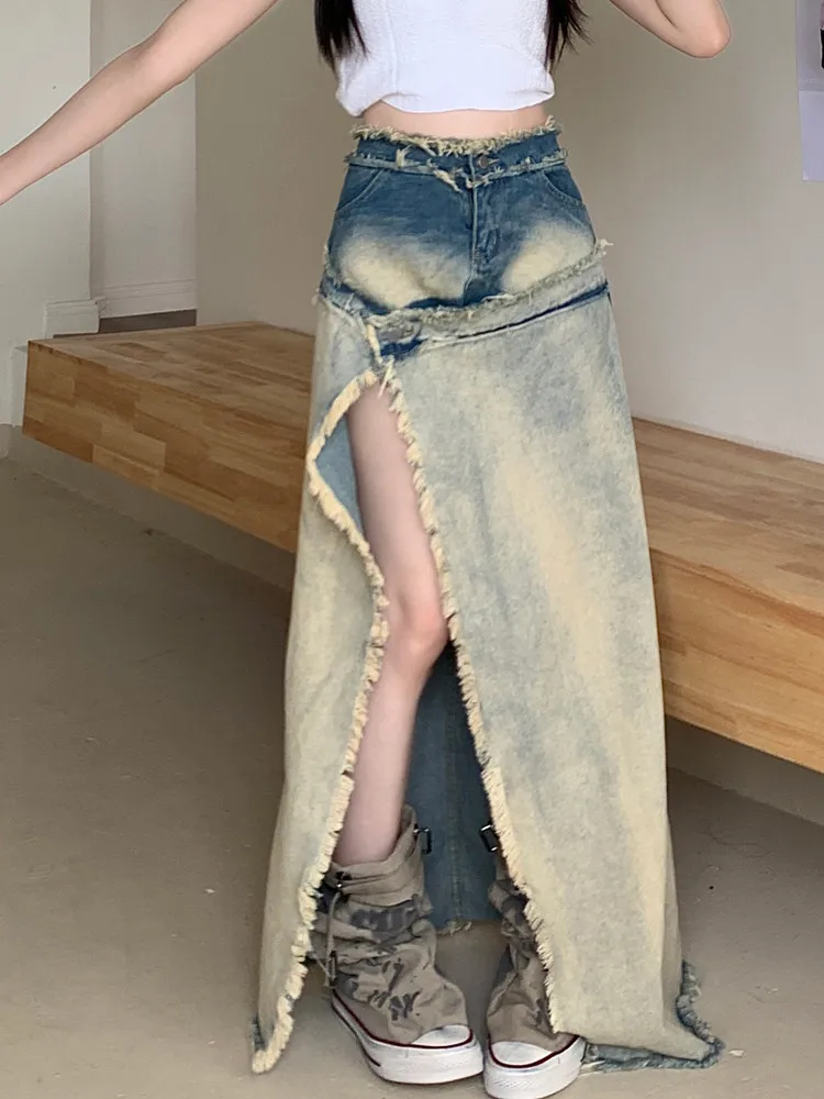 

Retro Y2k Frayed Hem Denim Skirt Women Fashion High Waist Split A-line Jean Long Skirts Korean Style Streetwear