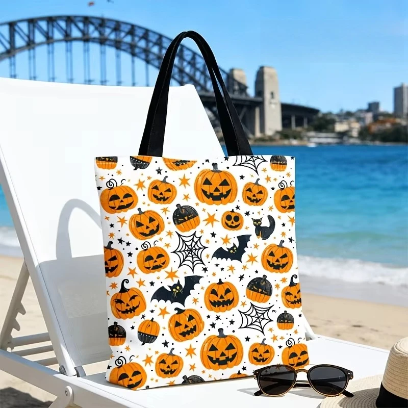 Cute Halloween Full Print Canvas Tote Bag Pumpkin Bat Black Cat Spider Pattern Eco Friendly Reusable Grocery Handbag