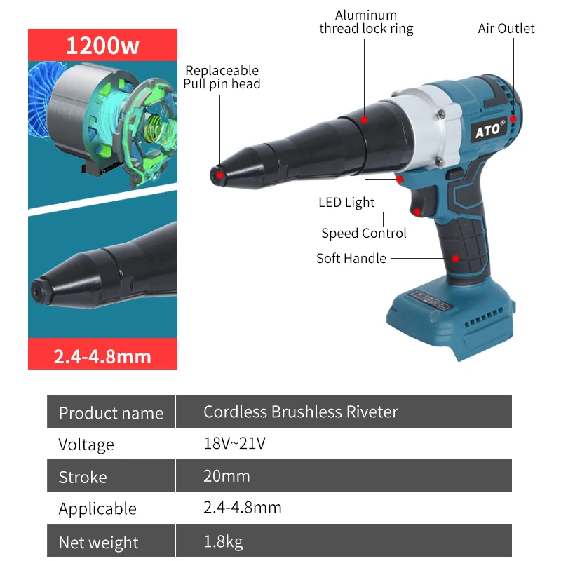 Ato Elektro werkzeuge bürstenlose elektrische Niet pistole 2,4-4,8mm kabellose Niet mutter Pistole automatische Niete für Makita 18V Batterie