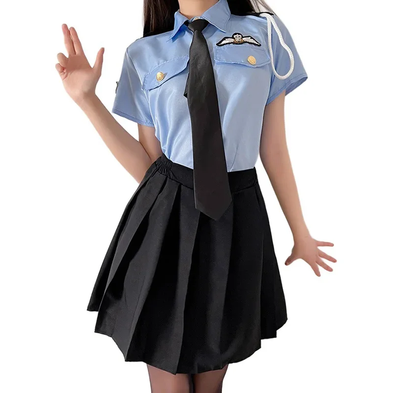 

Classic Ladies Policewoman Cosplay Outfit Cute Cop Officer Costume Blue Shirts Black Pleats Skirt Tie JK Uniform