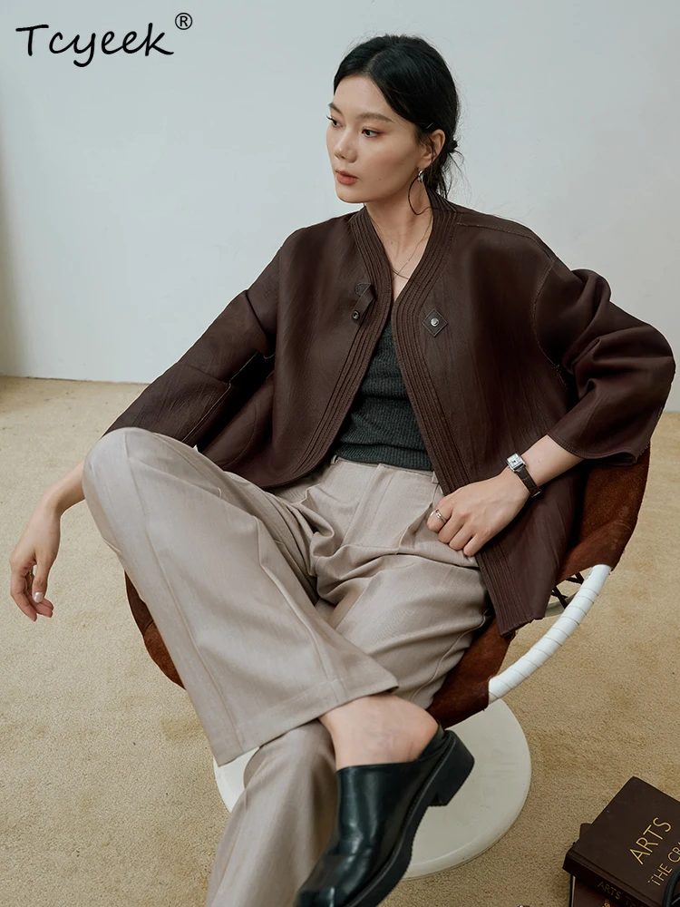 티씨익 양가죽 봄 가을 고급 레트로 브이넥 브라운 커피색 여성용 진짜 가죽 재킷