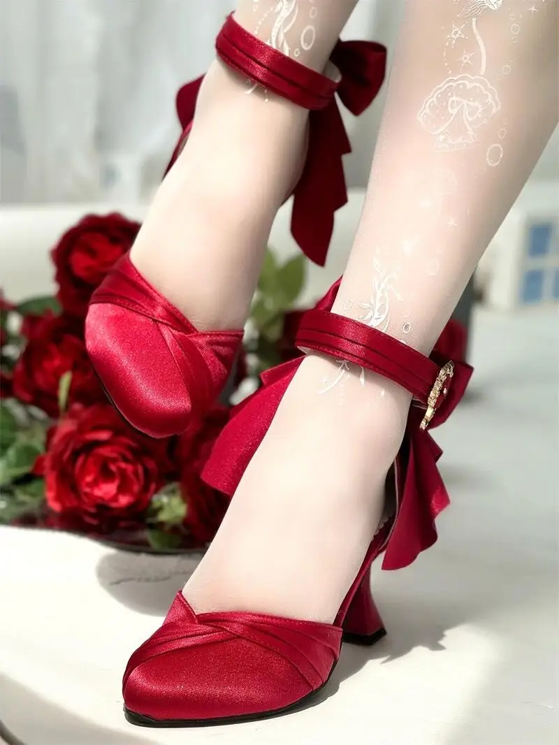 

Japanese Original High-heeled Bow Satin Single Shoe Lolita Sandals Women's Elegant Lo Shoes Wedding Shoes Imperial Sister Style