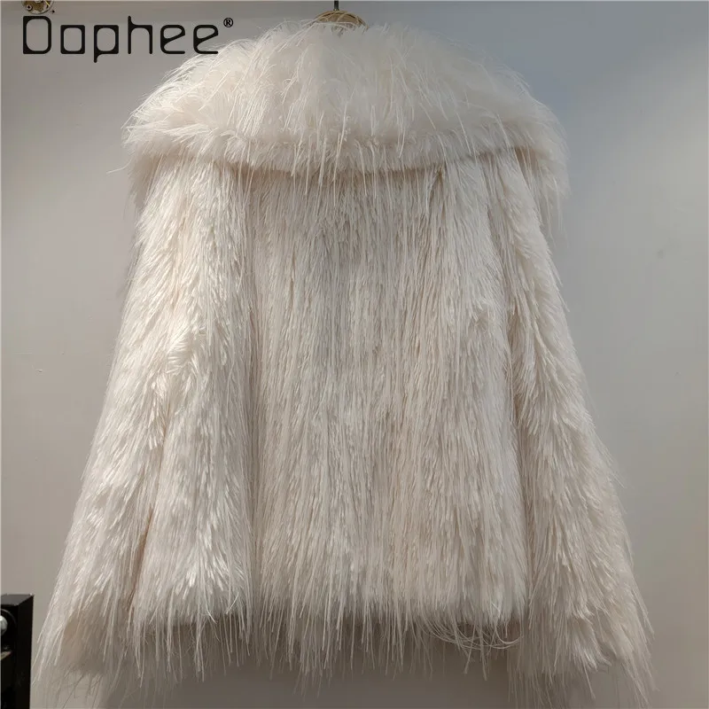 Koreańska Moda Frędzle Ekologiczny Płaszcz ze Sztucznego Futra Damski Elegancki Wysokiej Klasy Krótki Płaszcz ze Sztucznego Futra z Kołnierzem dla Socjety Nowość Zimowa