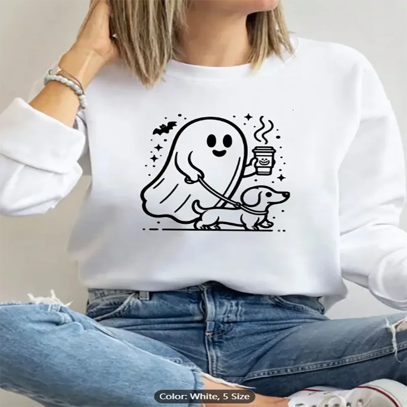 

Женский белый свитшот, собака-призрак, кофе, графический принт, повседневный пуловер большого размера, топ для любителей стиля Хэллоуина, чистый хлопок