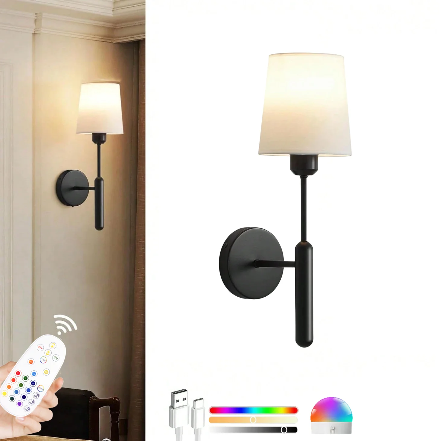 Lampe murale à piles, lampe murale sans fil avec variateur d'intensité, ampoule amovible et télécomm