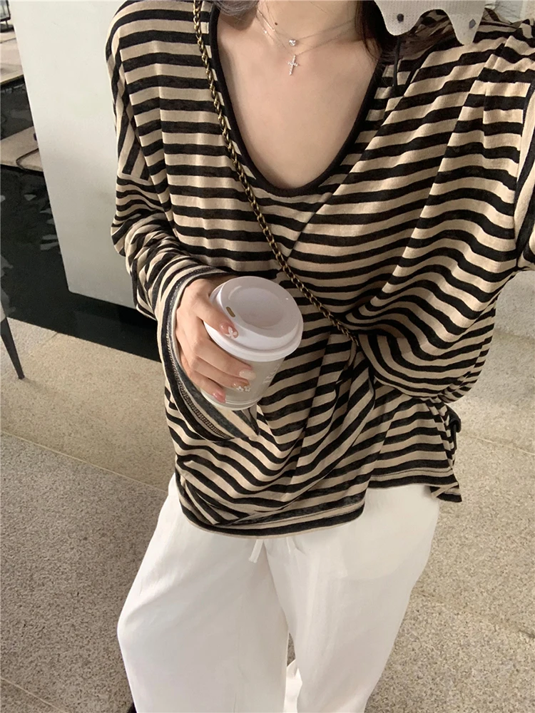 

Женская футболка Lazy Sle Long Sve U-Ne в полоску, тонкая, повседневная, свободная, средней длины, универсальная, летняя, осенняя, новая защита от солнца