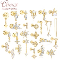 CANNER 1Pc 925 Silver Smooth Stars Moon Stud Earrings For Women 18K Gold Flat Head Threaded Puncture Ear Bone Ins Fine Jewelry