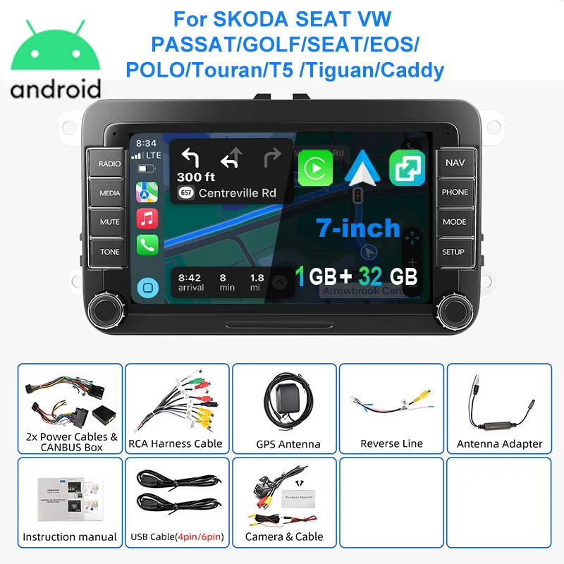 ESSGOO Autoradio Android15 7" 4+64 GB / 6+128 GB für VW Golf 5 6 Passat Polo 6R Touran Tiguan Caddy EOS Jetta Seat Skoda Wireless CarPlay Android Auto GPS Navigation RDS FM Bluetooth Mirror Link