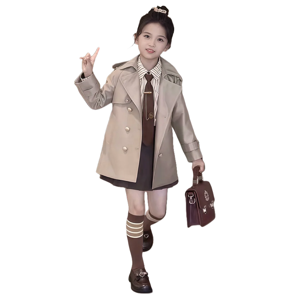 4-14 الخريف الكاكي 100% طفل الفتيات مزدوجة الصدر سترة واقية فتاة في سن المراهقة المدرسة سترة صغار طفل ملابس خارجية معطف الملابس