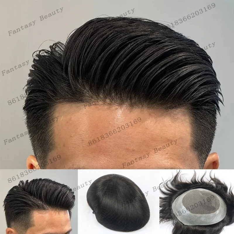 

Natural Hairline 0.1mm PU&Lace Top 100% Human Hair Male Wigs Super Durable Natural Black #2 Dark Brown Men Brethable Toupee