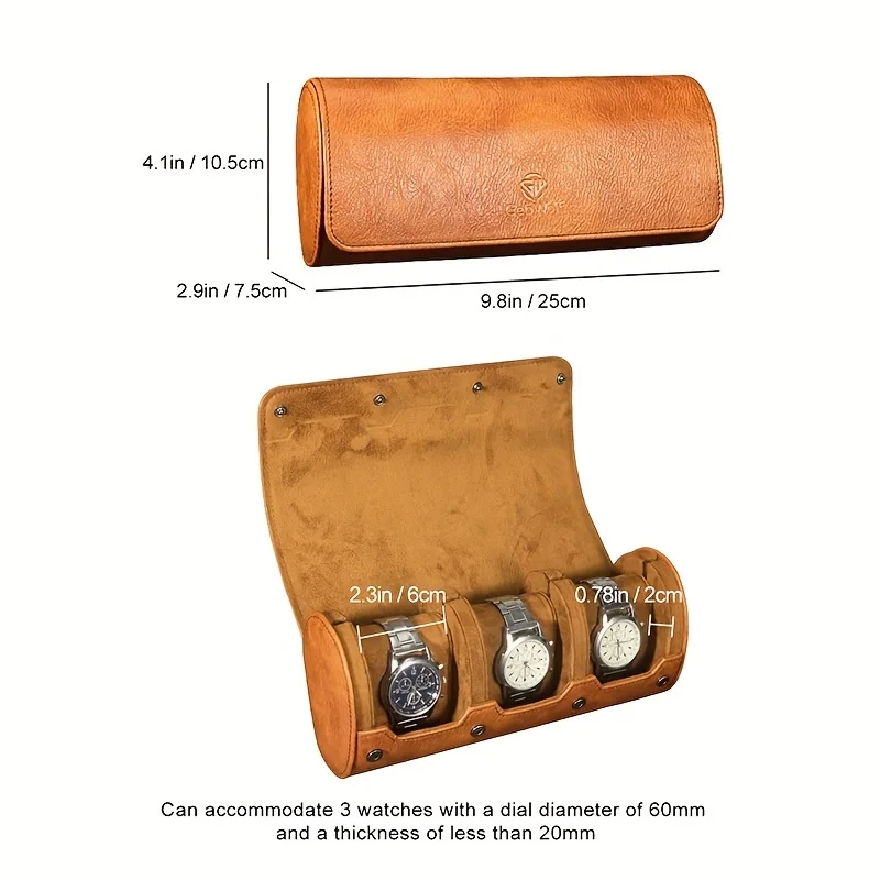 3 Slots Roll Travel Case Portable Vintage PU Leather Watch Organizer Display Storage Box For Men Gift