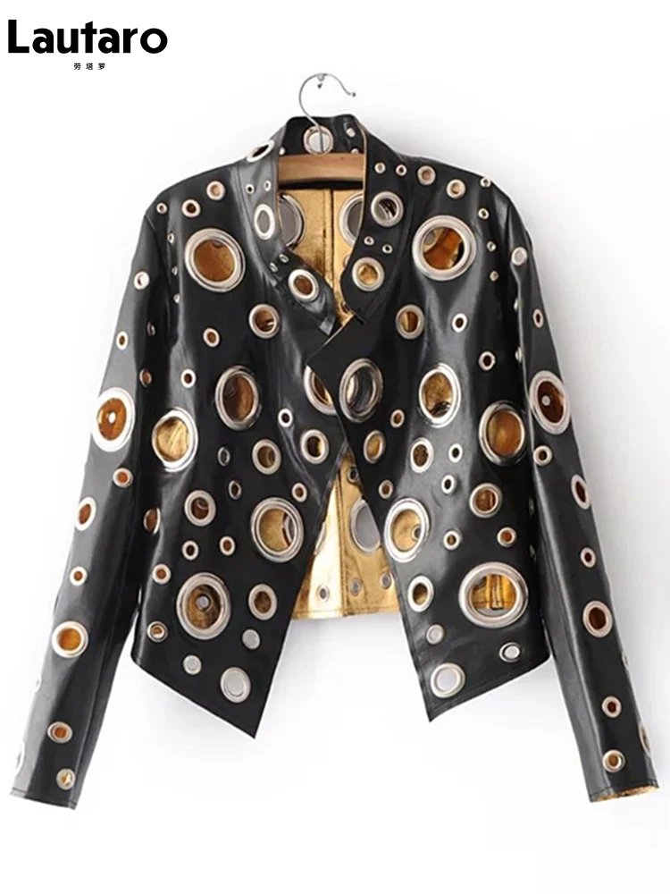 Lautaro Runway Cut Out Short Faux Leather Jacket Golden Rivet Cool Stylish Designer Clothes Women European American Fashion 2022