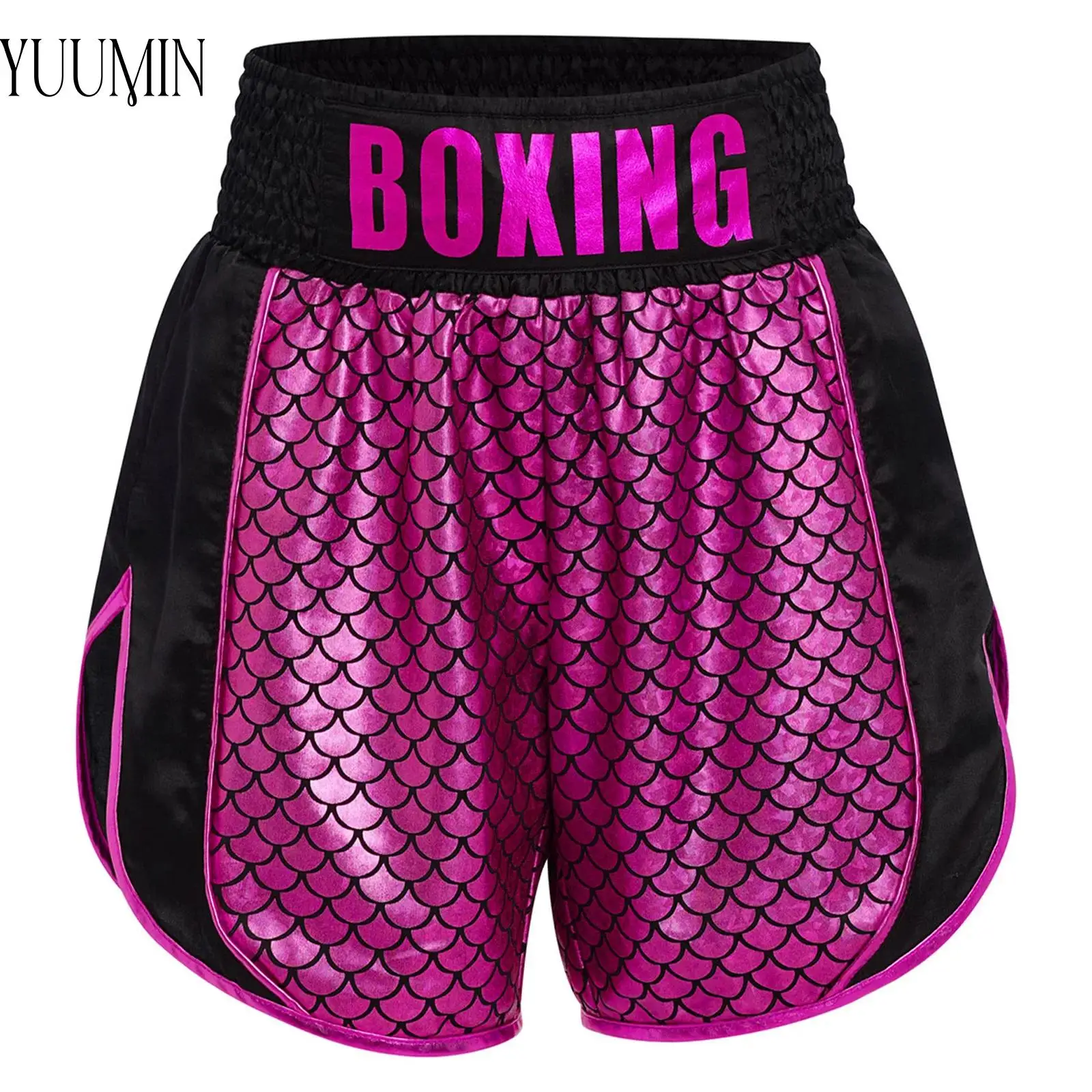 

Muay Thai Boxing Shorts Boys Girls Metallic Fish Scale Shorts Elastic Waistband Side Slit Color Block Boxer Bottoms Sportswear