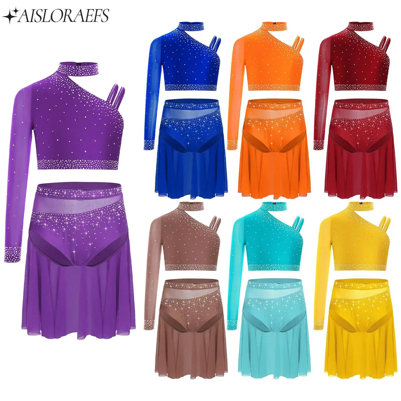 

Children's Ballet Dance Set Kid Lyrical Modern Dancewear Rhinestones Irregular Shoulder Crop Top with Bottom Child Party Costume