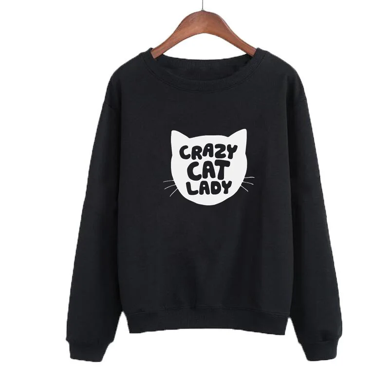 Women Black White Sweatshirt Casual Female Tracksuit Harajuku Pullover Letter Crazy Cat Lady Funny Crewneck Hoodies