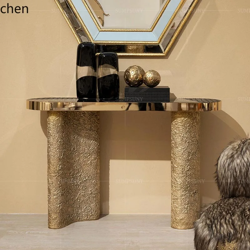 ZMLmarble light luxury high sense modern creative villa corridor against the wall metal entrance table