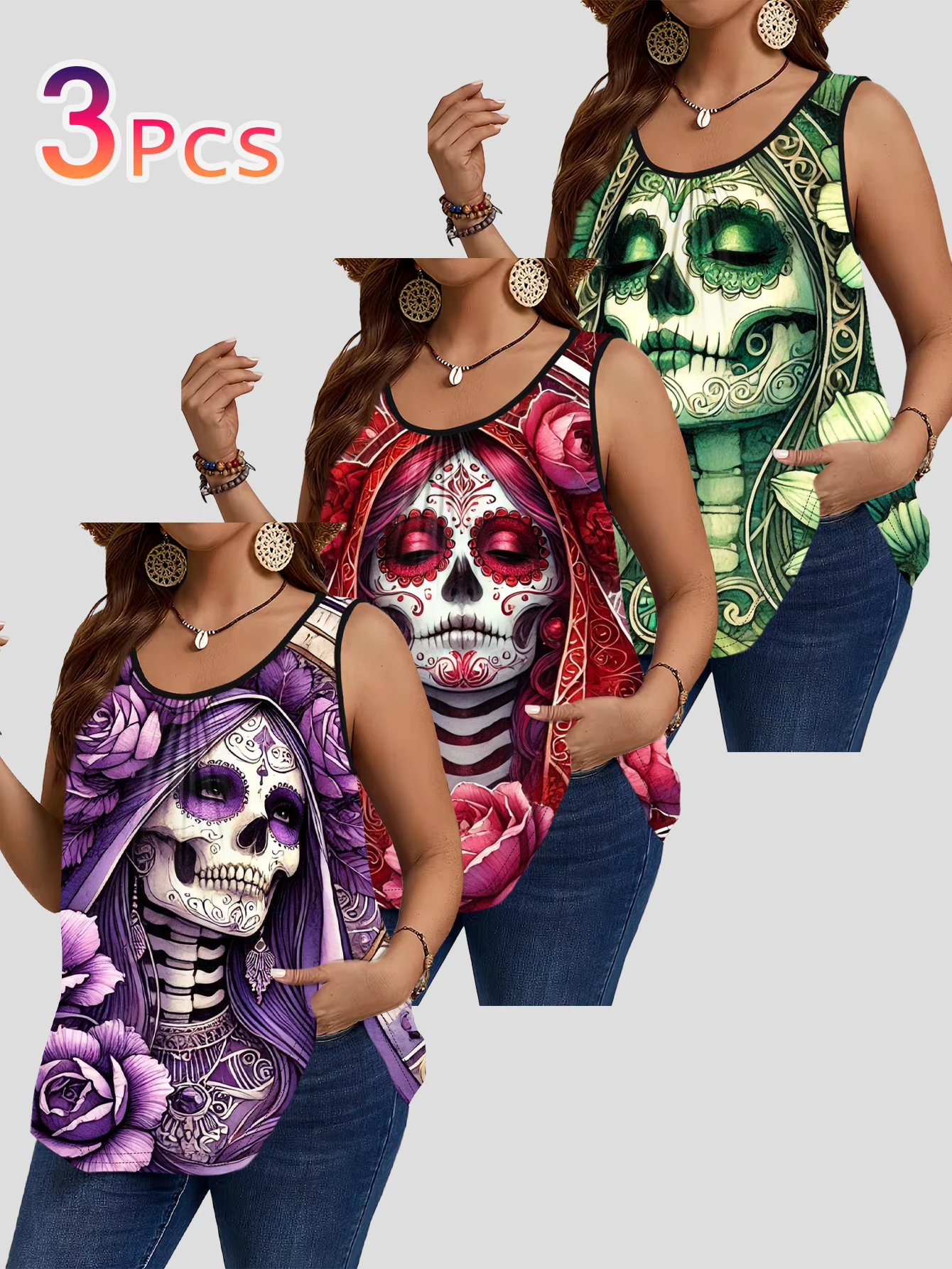 3-Piece 3-Piece Set of Plus-Size Women's Vests with Mexican Day of the Dead Purple, Red, and Green Rose Sugar Skull Beauty Print, Loose Sleeveless Tops - Aliexpress Deal