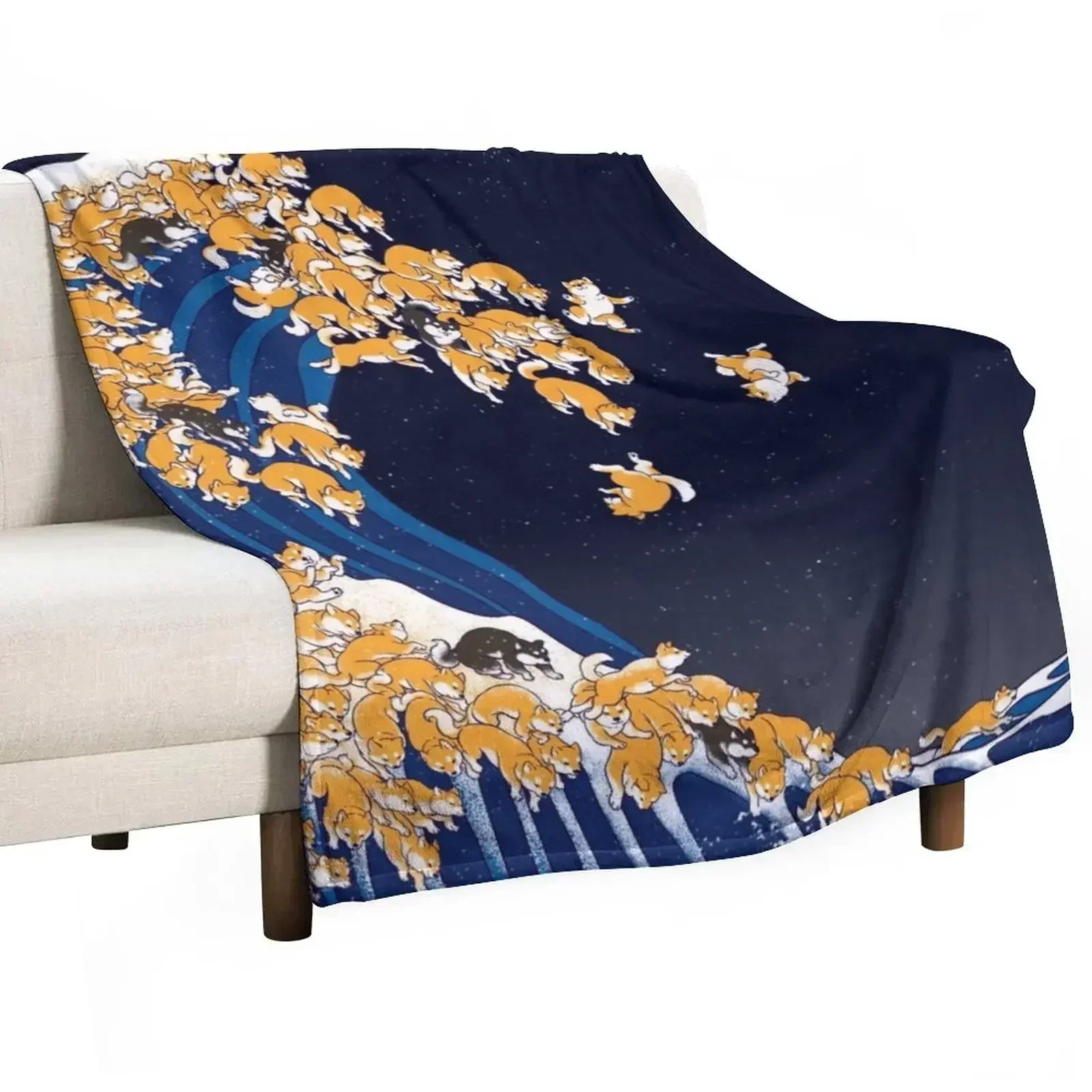 

Shiba Inu The Great Wave in Night Throw Blanket Thermal Plaid on the sofa Blankets