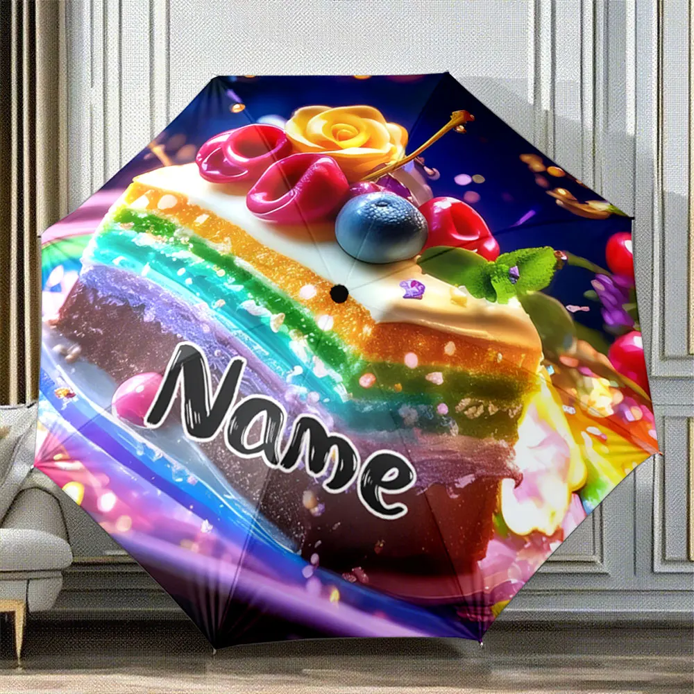 Custom Name Umbrella Colorful Rainbow Cake Design with Fruits on Umbrella Portable Folding Umbrella,Christmas Gift