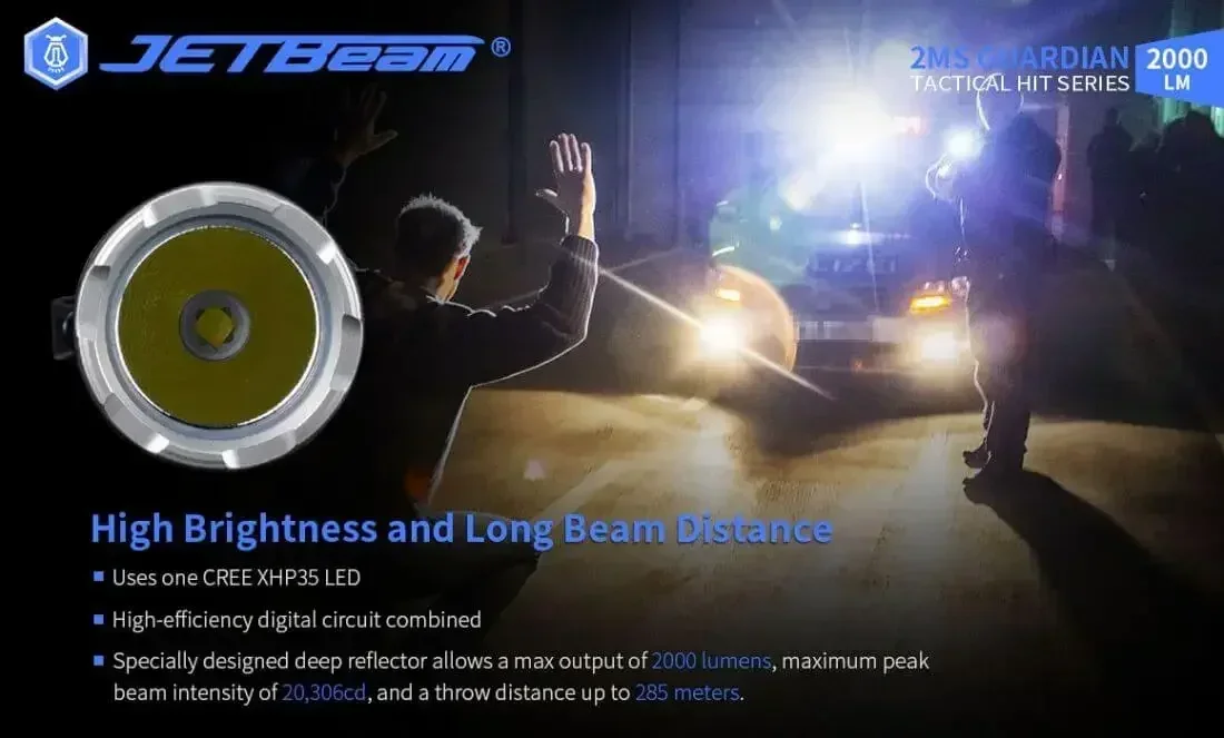 Jetbeam 2MS EDC LED Lanterna Tática USB-C Recarregável Resistente à Água EDC Lanterna 2000 Lumens Tocha Preta