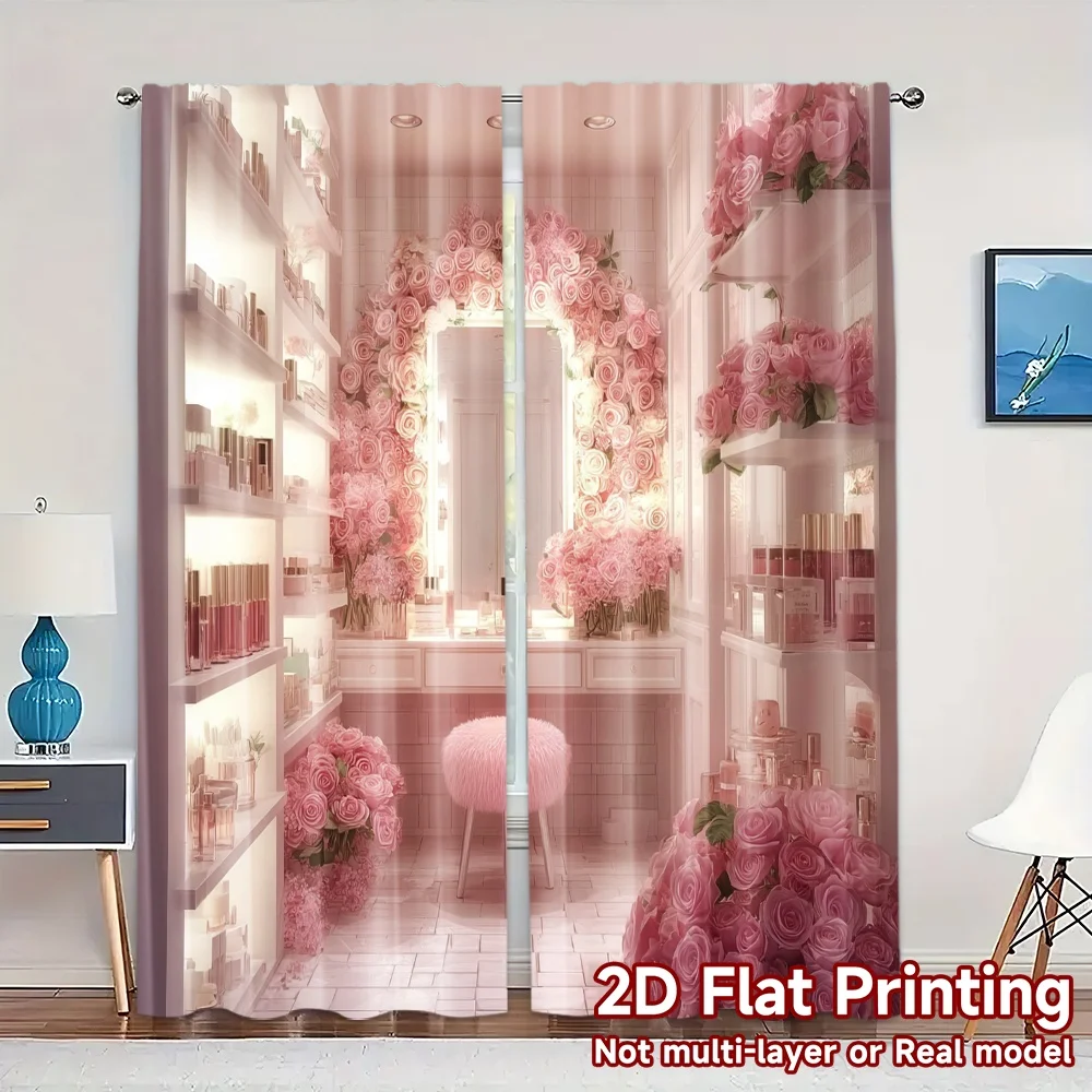 2pcs, 2D FLAT PRINTING Curtains (Without Rod) BlushBloom Vanity Popular Creative Curtains Prints Light Filtering Curtains