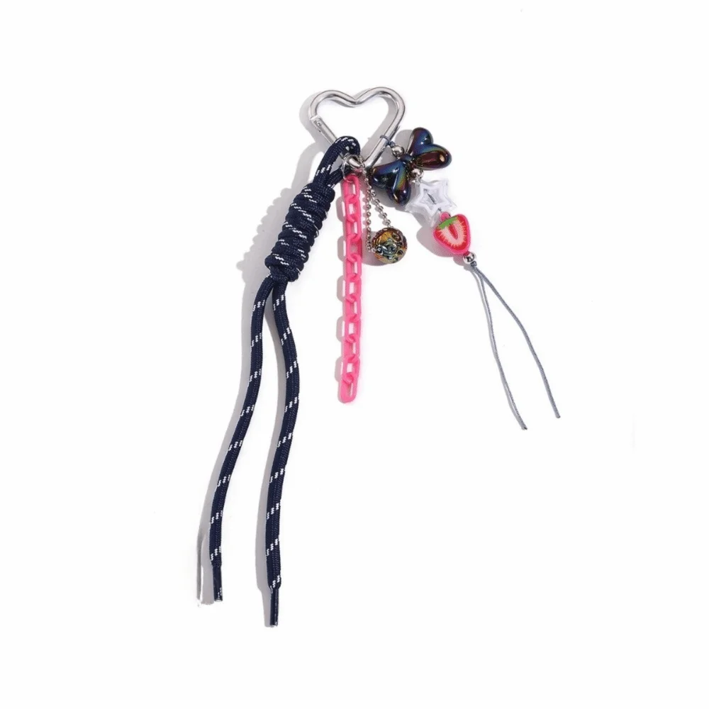 Colored Hand Woven Keychain Heart Buckle Bowknot Mobile Phone Lanyard Braided Rope Leather Bag Charms Ornaments Bag Decoration
