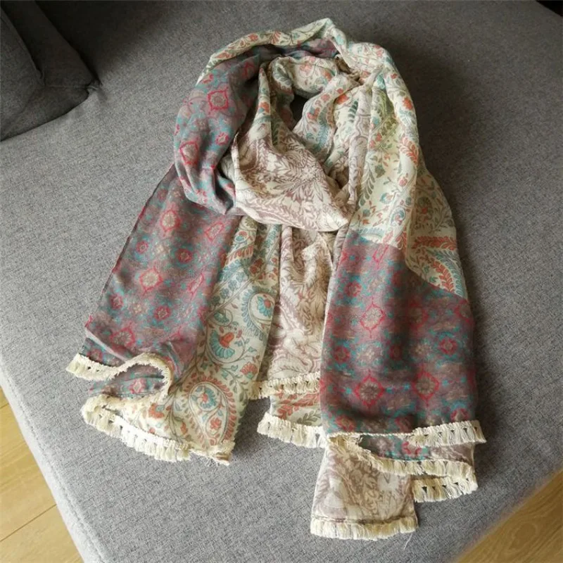 Vintage Fashion Floral Cotton Linen Tassel Scarf Mori Girl Style Literary Spring Summer Autumn and Winter Women Long Shawl Scarf