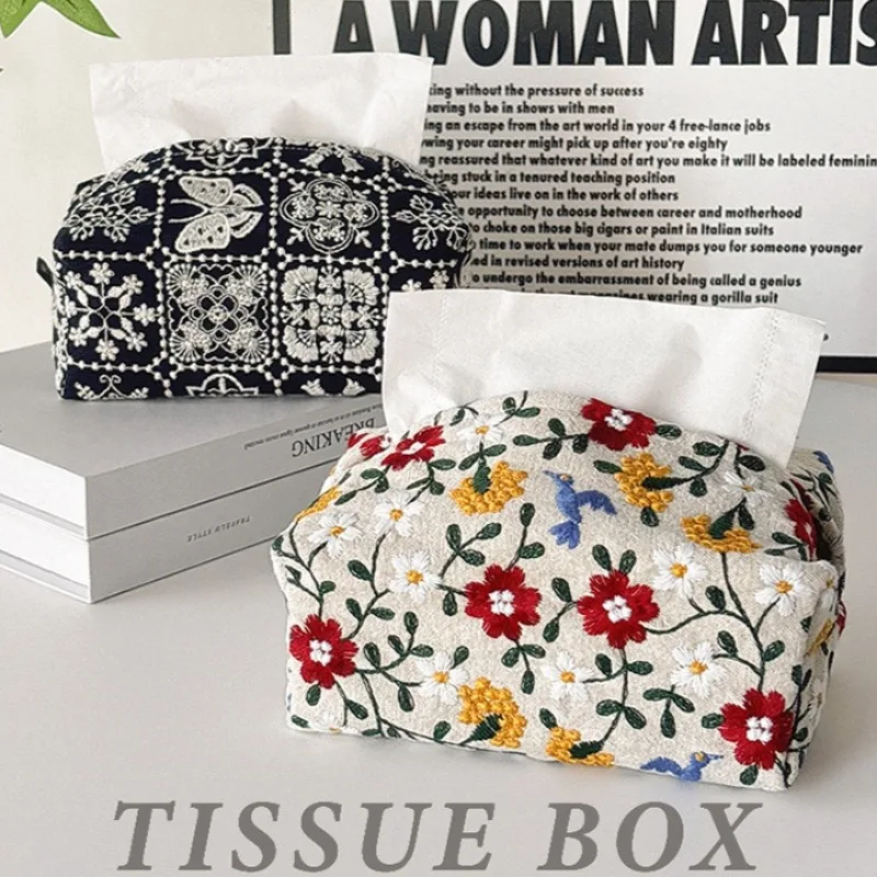 ​​​​​​​Embroidery Tissue Box Cover Premium Linen and Cotton Fabric Living Room Bedroom Elegant Desktop Drawstring Tissue Pouch