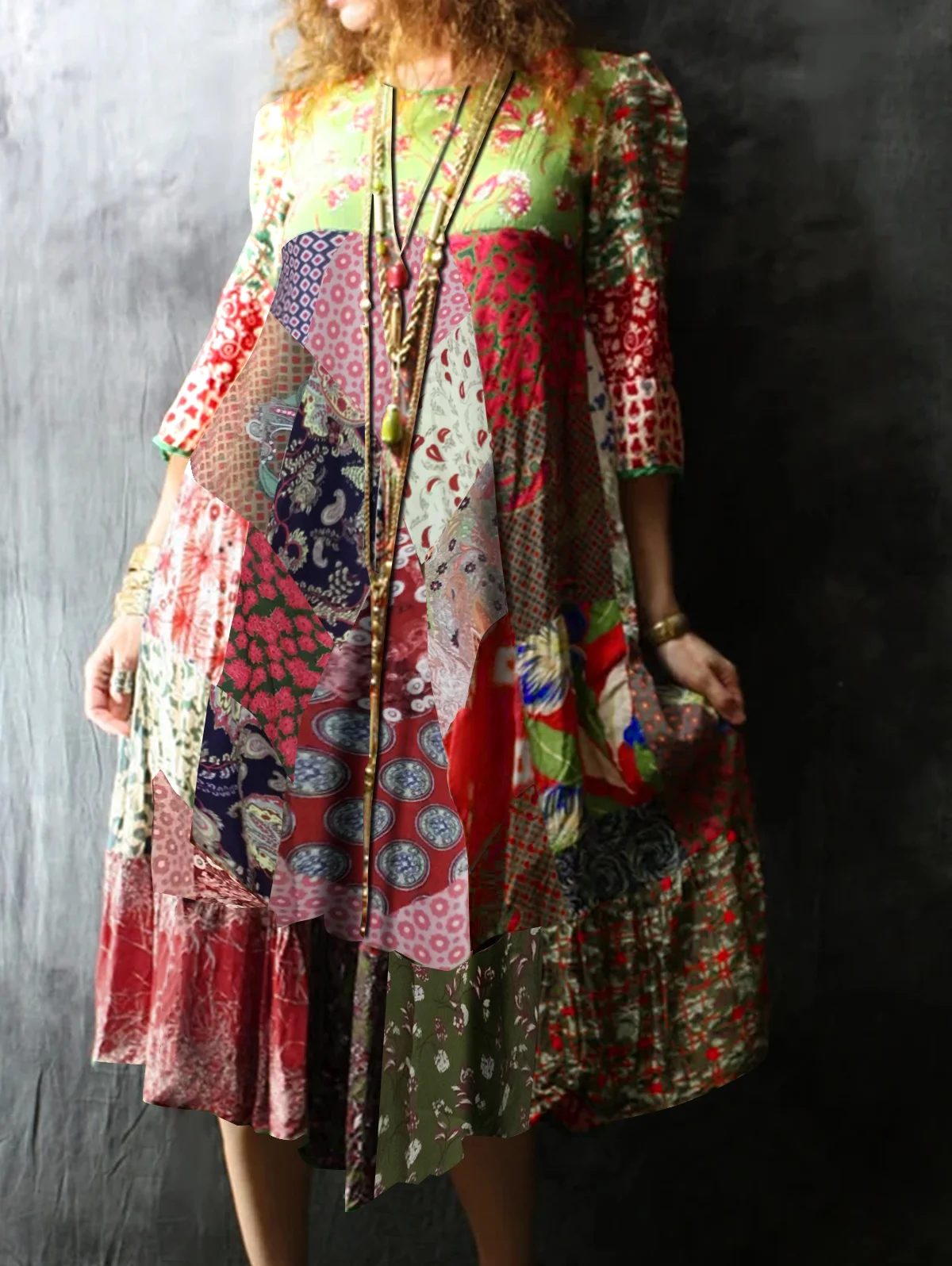 Fashion Women's Long Dress Vintage Print Crew Neck Loose Bohemian Women's 3/4 Sleeve Dress Summer Loose Midi Dress Robe 2025