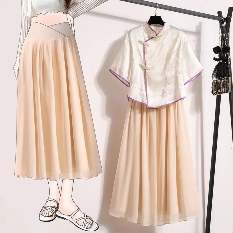

2025 New Chinese Pregnant Woman Dress Summer New Fashion Top Dress 2-Piece Suit Maternity Breathable Half Body Dress Suit LI144