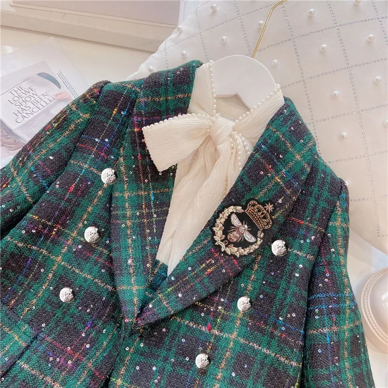 Fashion Baby Girl Clothes Set Autumn Spring Vintage Plaid Blazer Outwear Coat +Shorts Children's Clothing Outfits Suit 2pcs 2-7Y