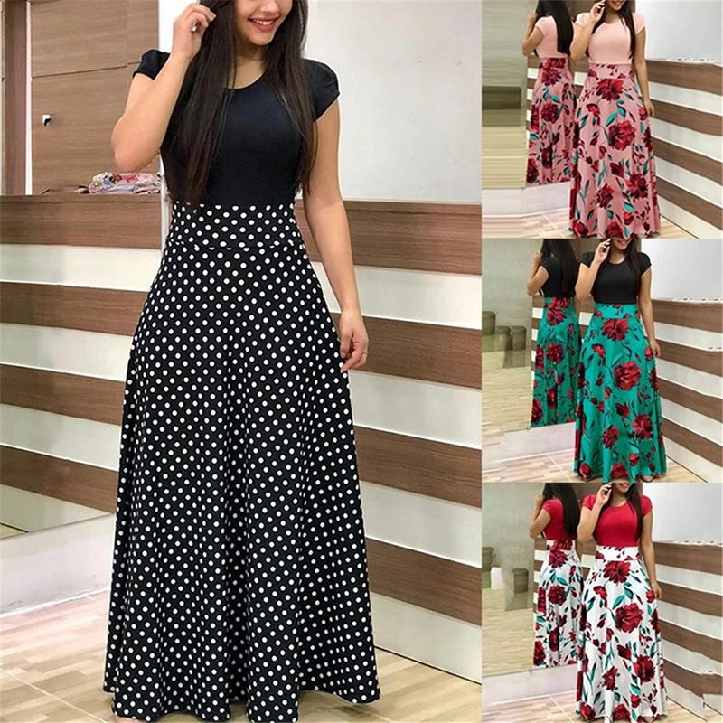 Dress Women Summer Flower Long Sleeve Polka Dot Print Color All-Match Dresses Female Casual Party Elegant Long Dress For Ladies