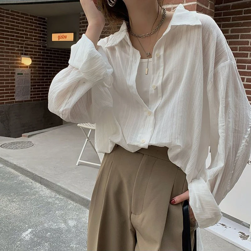 Gidyq Women Sexy Translucent Shirt Korean Casual Folds Loose Long Sleeve Sun Proof Clothes Summer Fashion Female All Match Tops