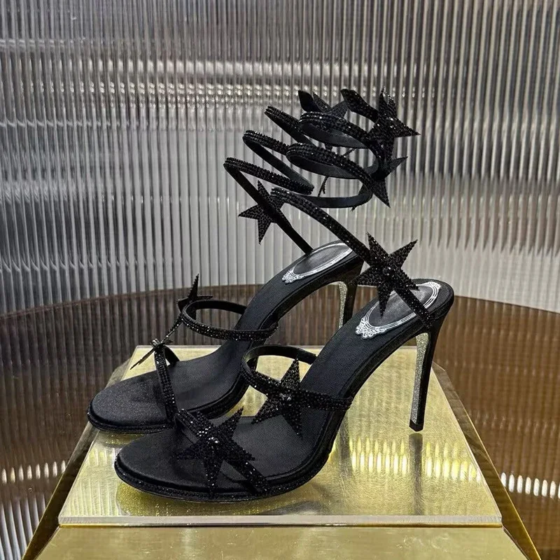 Rhinestone Decor Ankle Snake Twine Around Sandalias Women Thin High Heels  Sandals Summer Sexu Party Fairy Shoes Dress Shoes