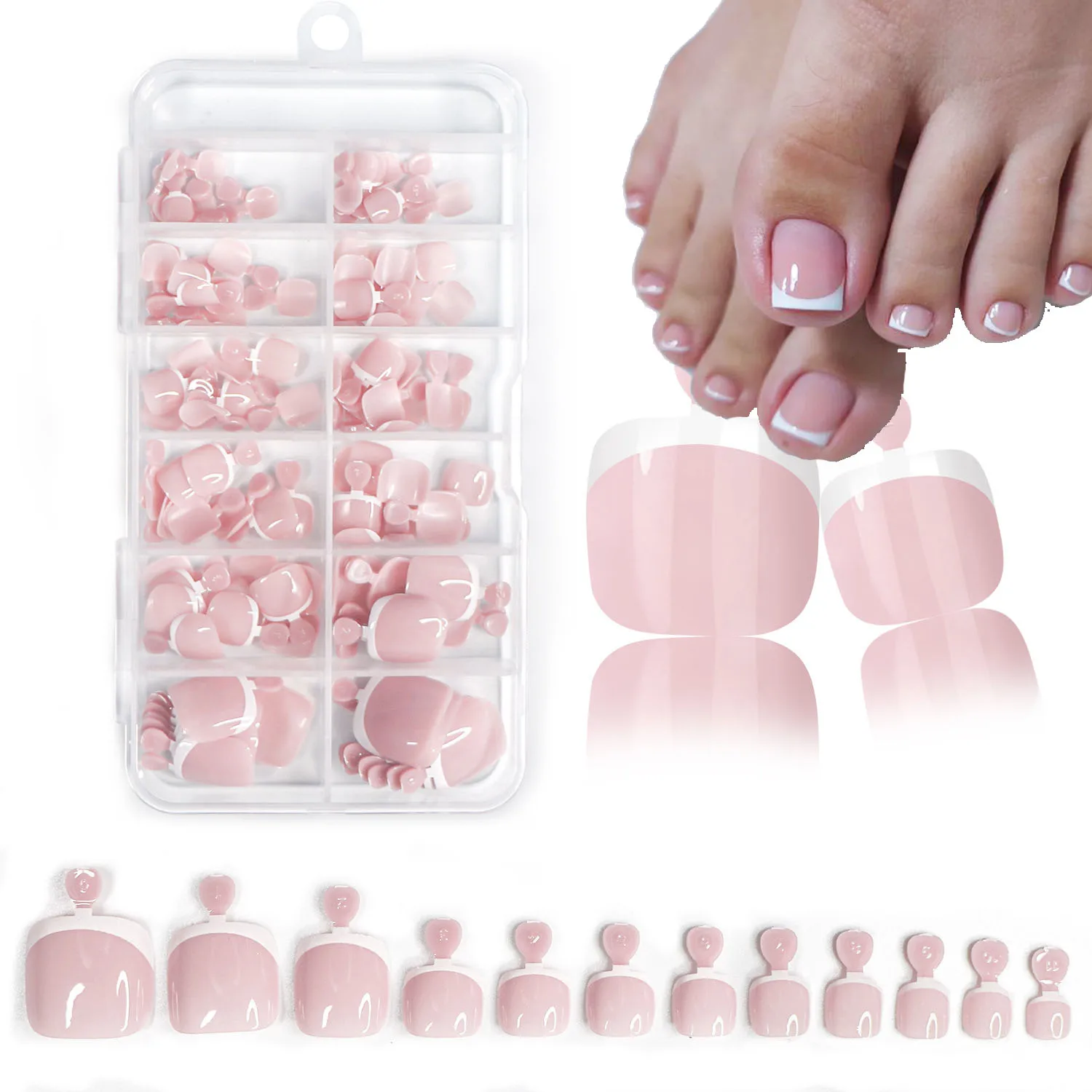 120 Stück glänzende nackte rosa französische Zehennägel-Set zum Aufdrücken, 1 x Box, kurze französische quadratische künstliche Zehennägel, einfarbige Maniküre-Zehennägel