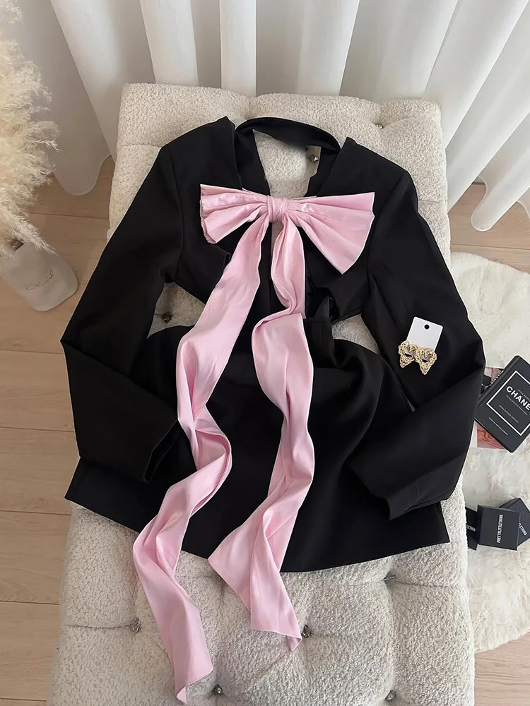 Bla ربطة القوس فيونكة البدلة Jaet الخصر Cinched الدكتور تصميم الرجعية الراقية الإحساس القطن ألف خط تنورة قطعة واحدة ملابس الصيف