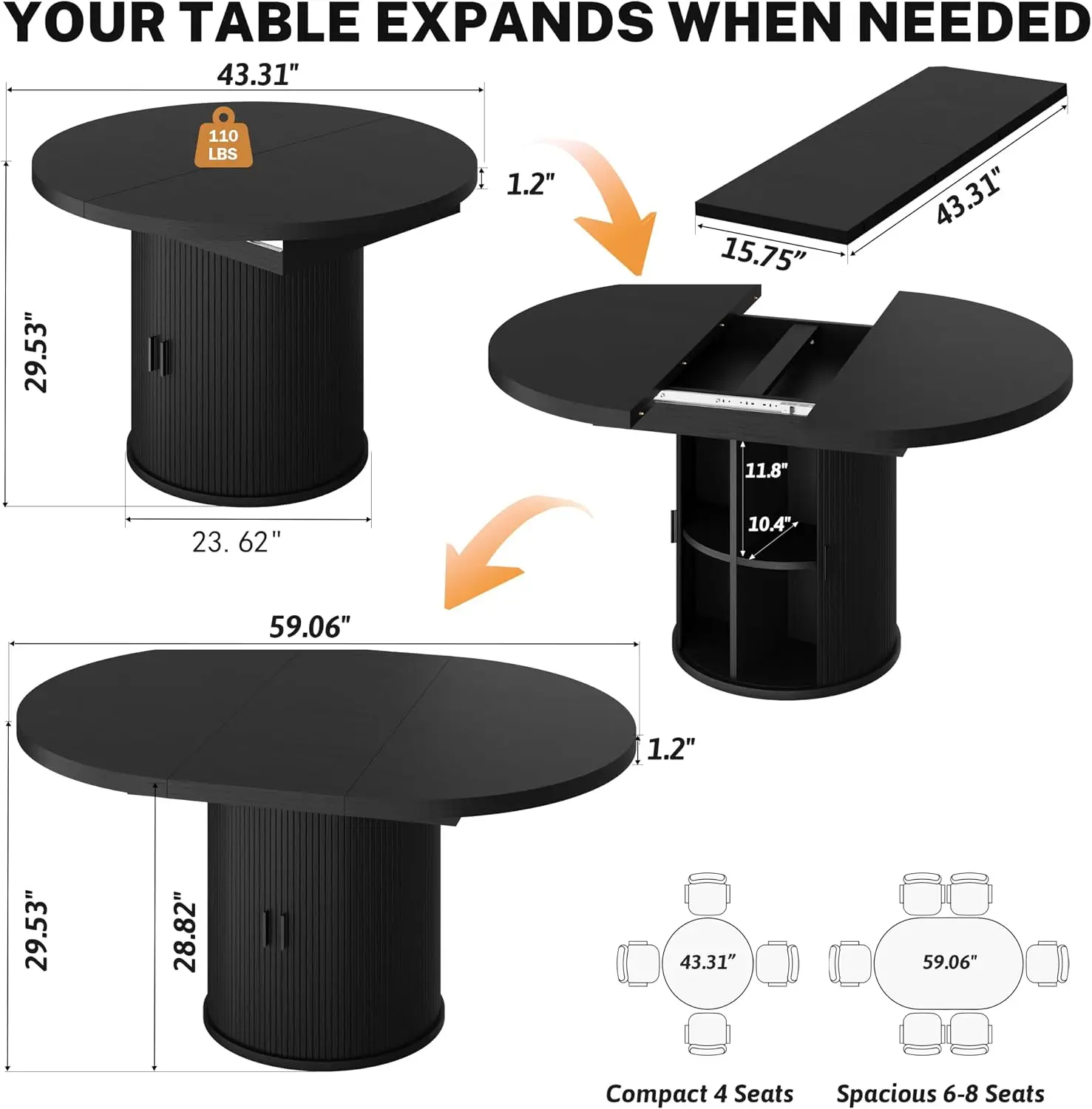 Expandable Round Pedestal Dining Table Solid Wood Fluted Sliding Door Storage Compartment Seats Four Six Black Kitchen