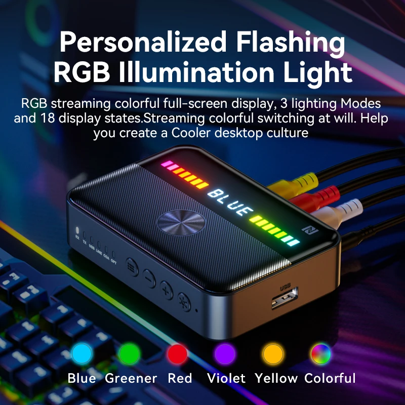 NFC Bluetooth 5.3 Receiver Transmitter DAC Converter With RGB Light Digital To Analog Audio Adapter For TV Computer Car Speaker
