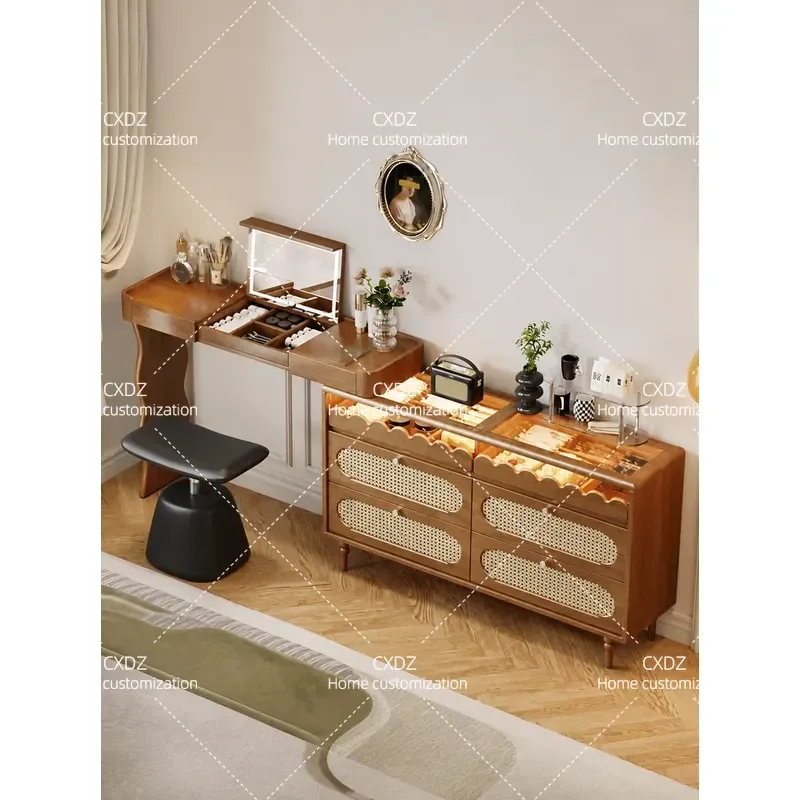 Antique Dresser Chest Cabinet Integrated Bedroom Small Apartment Retractable End of Bed Cabinet Makeup Table with Hidden