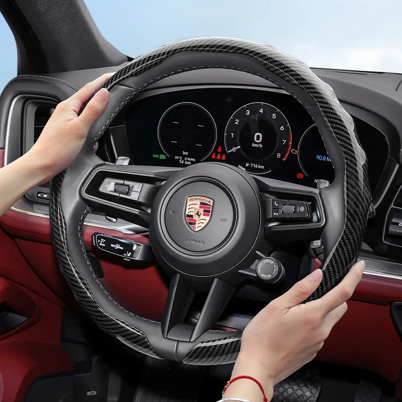 Geeignet für Porsche Carbon Fiber Texture Lenkradbezug mit aufsteckbarer wellenförmiger Sport-Design-Schutzhülle für Macan Cayenne Taycan Panamera 911 718 Boxster Cayman und andere Modelle