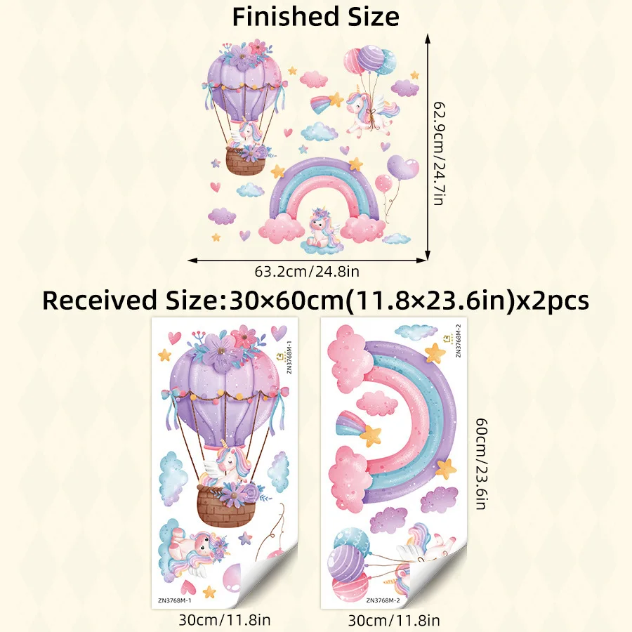 One unicorn rainbow hot air balloon wall sticker, suitable for home décor.