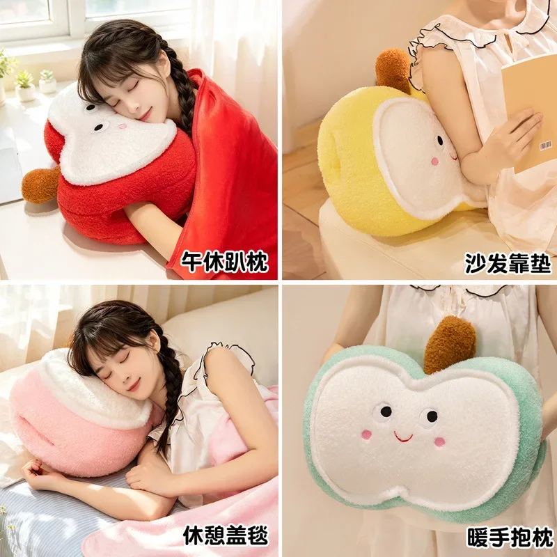Cartoon Apple Pillow Blanket Hand Warmer 3 in 1 Insertable Hand Muff Apple Throw Pillow Cushion Office Blanket for Winter Warmth