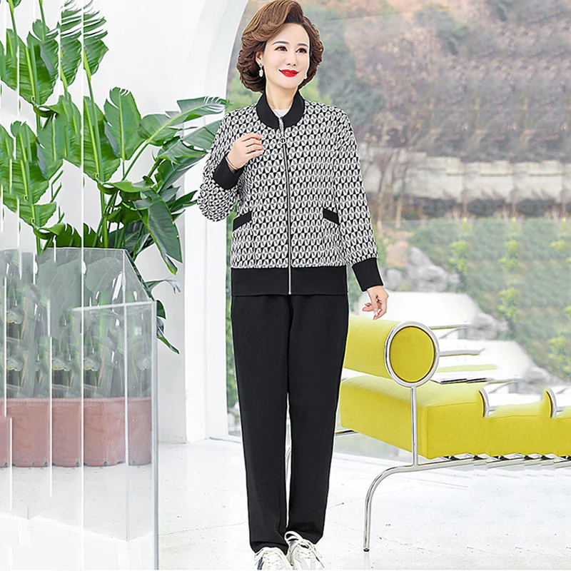 

Women Spring Autumn New Splicing Double Pockets Jackets + Casual Pants Suit Fashion Printed Long Sleeve Loose 2-piece set Womens