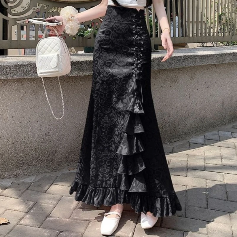 Y2k Ruffles Long Skirt Vintage Japanese Style Spring Autumn Women Skirts Bandage Print Fashion Elegant Faldas Mujer