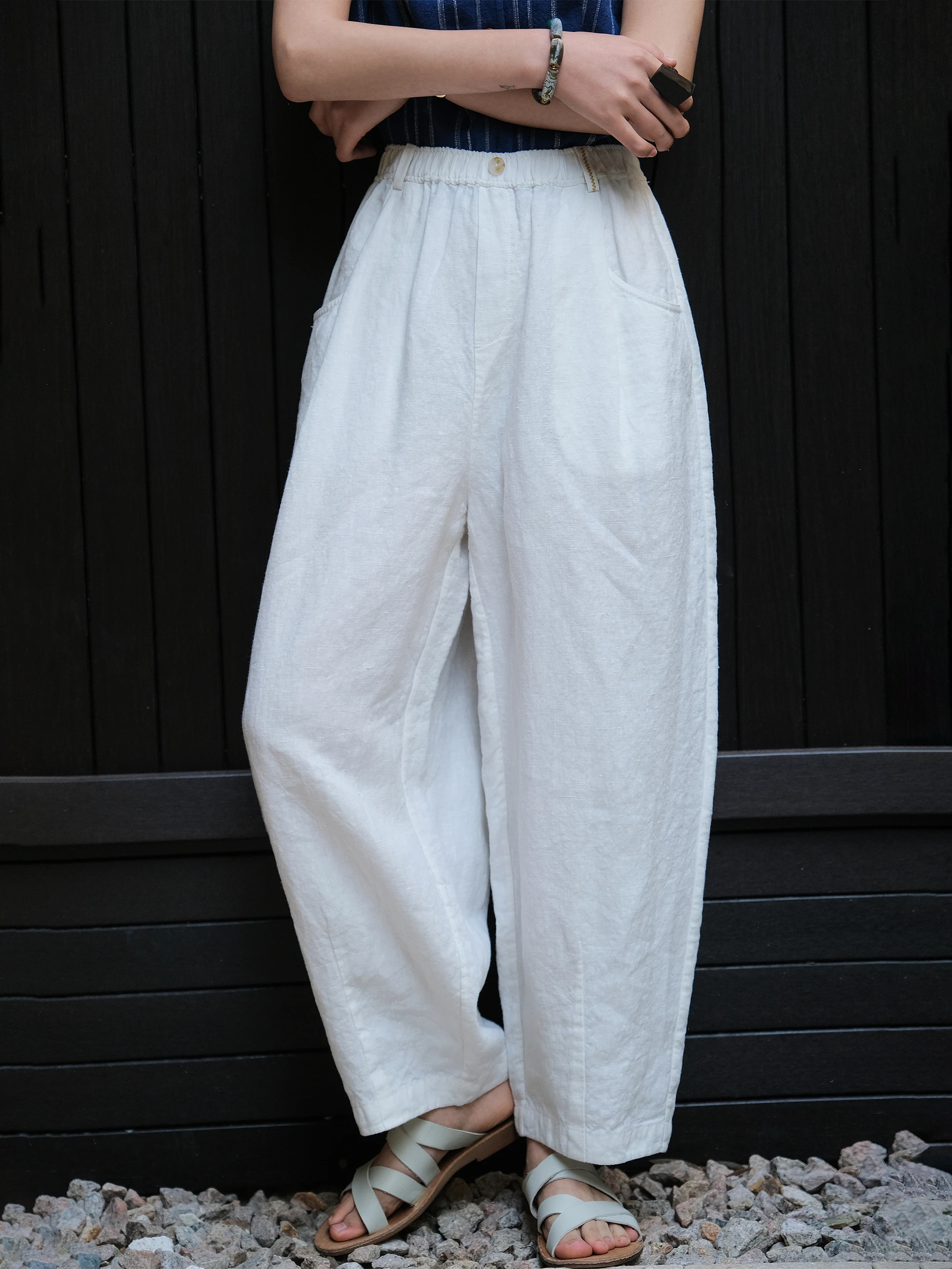 

Mall Grass Spring New Color Loose Fit Casual Pants Nine Points Linen Elastic Waist Pleated Casual Daily Loose Leggings