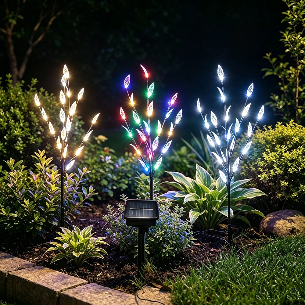 Solar Garden Lights Outdoor, Set of 3 Solar Tree Branch Twig Leaf Lights with Adjustable Branches Solar Stake Lights for Garden