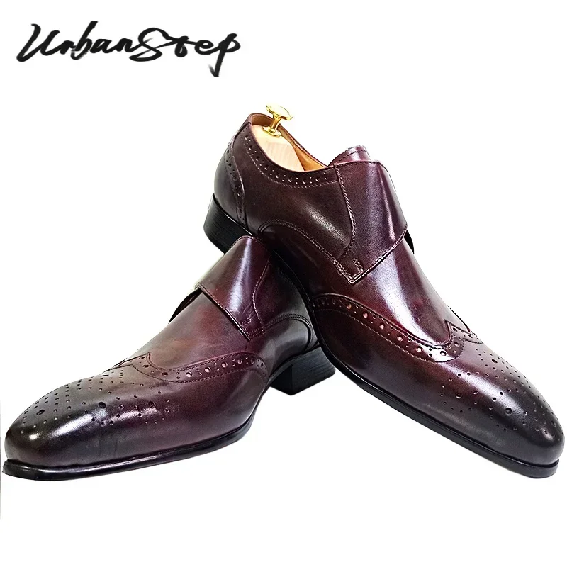 LUXURY MEN\'S LOAFERS GENUINE LEATHER BURGUNDY SLIP ON MONK STRAP CASUAL DRESS MAN SHOE BUSINESS OFFICE WEDDING SHOES MEN