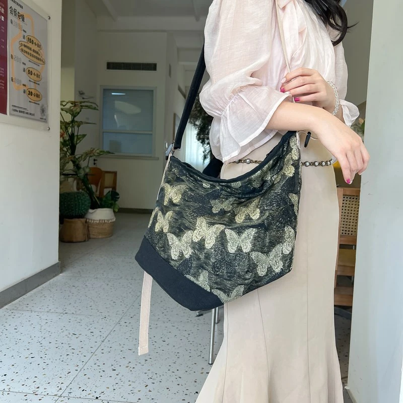 Bolso de lona con correa ancha para mujer, bandolera de diseñador de lujo, bolso de mano informal con estampado de mariposa