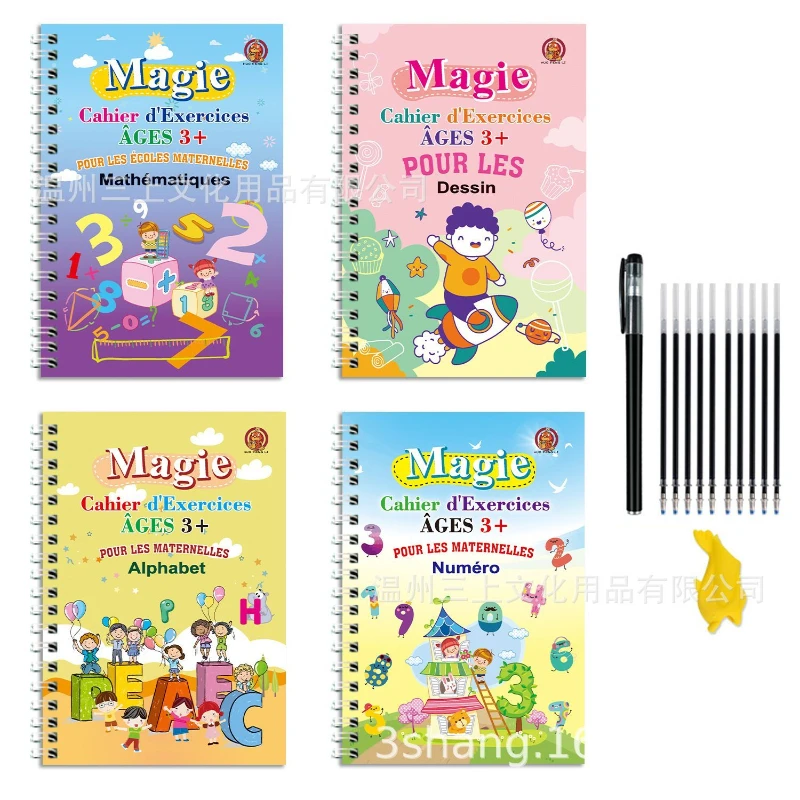 4 Books/set French Magic Practice Copybook Pen Preschools Kids Calligraphy Notebook 3-8 Children Reusable Français Writing Book